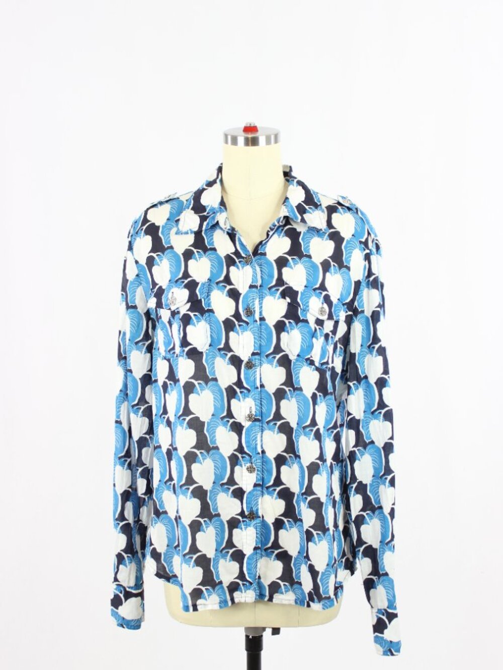 TORY BURCH Brigitte Blue Leaf Print 100% Cotton Voile Button-Up Shirt, Size 12